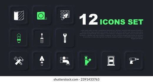 Set Closed door, Electric drill machine, Screwdriver, Industry metallic pipe, Light bulb, Trowel, Roulette construction and Water tap icon. Vector