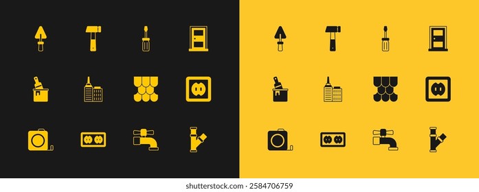 Set Closed door, Electrical outlet, Roof tile, Water tap, City landscape, Screwdriver, Trowel and Hammer icon. Vector