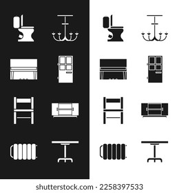 Set Closed door, Grand piano, Toilet bowl, Chandelier, Chair, TV table stand, Round and Heating radiator icon. Vector