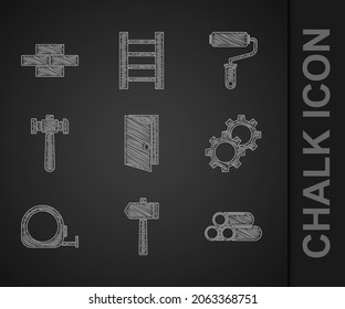 Puertas cerradas, martillo, tubería metálica de la industria, arcos, construcción de la ruleta, pincel de rodillos de pintura e icono Ladrillos. Vector