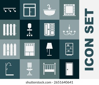 Set Puerta cerrada, estantería de Biblioteca, candelabro, lavabo con grifo de agua, silla de oficina, radiador de calefacción, lámparas de luces de pista led e ícono de armario. Vector