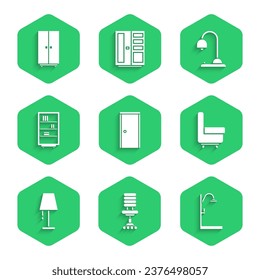 Set Closed door, Office chair, Shower, Armchair, Table lamp, Library bookshelf,  and Wardrobe icon. Vector