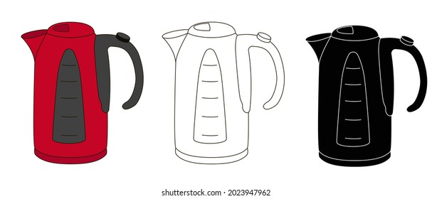 A set of closed electric kettles - one red in the cartoon style, the second in the outline style and a black silhouette of the kettle. Stock vector illustration isolated on white background.