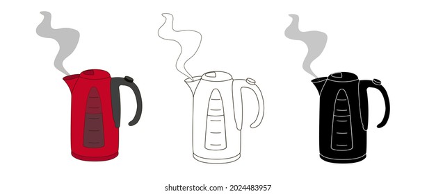 A set of closed electric kettles with water and steam - one red in cartoon style, another in outline style and a black silhouette of the kettle. Stock vector illustration isolated white background.