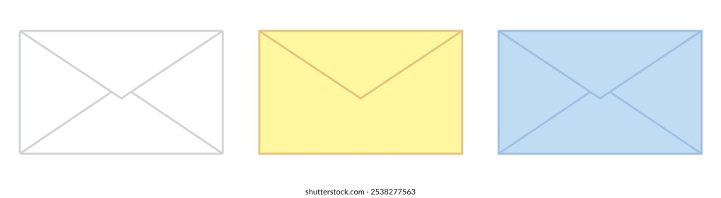 Set of closed envelope icons in white, yellow, and blue, vector illustration isolated on white background.