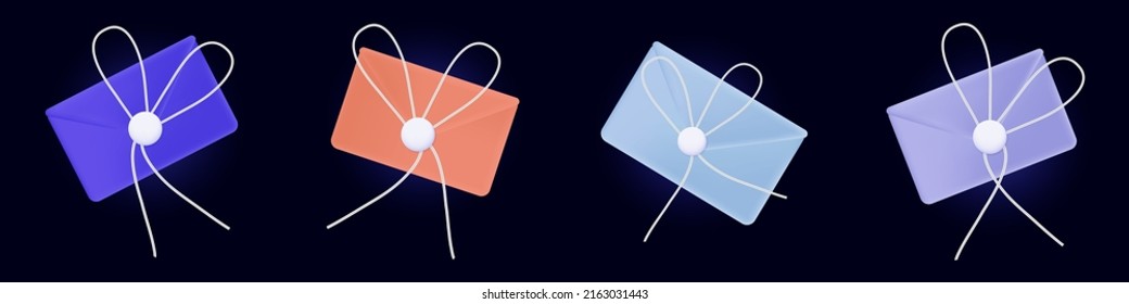 Set of closed envelopes 3d. Send notification, electronic document. Vector banner.  Paper postal envelopes are flying. Receiving mail. Incoming sms, verified notifications concept 