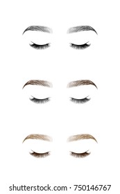 Set of closed eye with long eyelashes and eyebrows. Vector illustration.