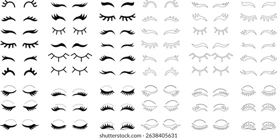 set of closed eyes beautiful face, eyebrows and eyelashes, lashes extensions. Element design. Beauty studio logo. Linear vector in trendy minimalist style. makeup symbols on transparent background.