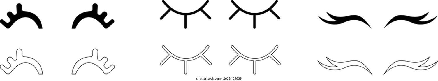 set of closed eyes beautiful face, eyebrows and eyelashes, lashes extensions. Element design. Beauty studio logo. Linear vector in trendy minimalist style. makeup symbols on transparent background.