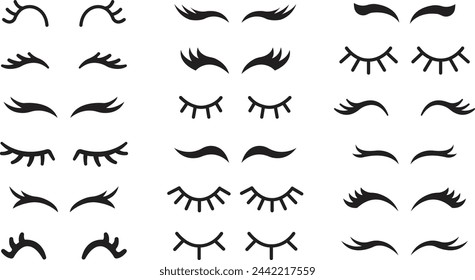 Set of Closed eyes with eyelashes cute icons for cartoon character illustration. Sleep girl or unicorn long eyelash line flat simple face part graphic makeup mascara symbols on transparent background.