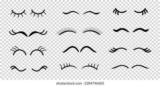 Set of closed eyes. Female black eyelashes.
Cute animal or unicorn eyes. Icons in cartoon style.
 Vector, isolated elements.