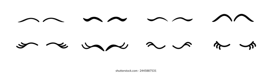 Set of closed eyes. Female black eyelashes. Cute animal or unicorn eyes. Icons in cartoon style. Vector, isolated elements.	