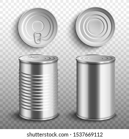 Set of closed food metal tin cans top and side view 3d realistic vector illustration isolated on transparent background. Cylindrical smooth and grooved conserve packaging.