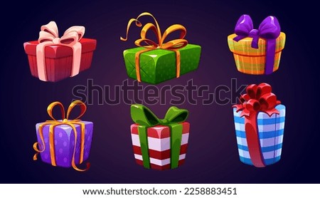 Set of closed gift boxes isolated on background. Vector illustration of colorful striped, dotted surprise packages decorated with ribbon bows with light and sparkles inside, game reward