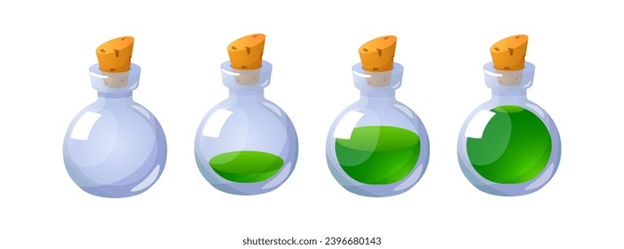 Set of closed glass bottles with different volume of green potion flat style, vector illustration isolated on white background. Decorative design elements for game collection