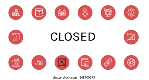 Set of closed icons such as Boxes, Box, Cardboard box, Lock, Obstacle, Safe box, Do not disturb, Railroad crossing, Password , closed