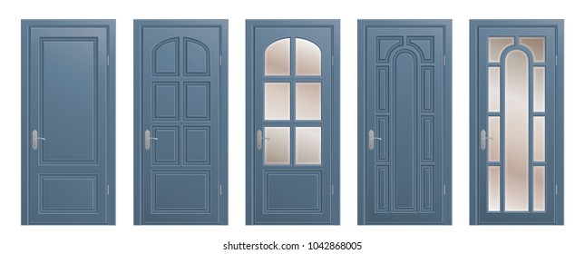 Set of closed isolated doors on white background.