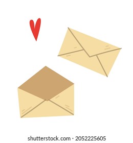A set of a closed mail envelope and an open blank paper envelope. A message on paper by mail. Vector children s illustration in cartoon children s style. Isolated funny clipart.