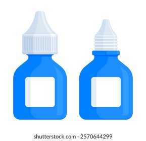 Set of closed and open blue medicine dropper bottles. Health, eye drops, ear drops, and medical product mockup concept. Flat vector illustration isolated on white background with copy space