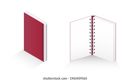 Set from a closed and open book, notebook, notebook, magazine. Vector 3D illustration of a red notebook on a white background for your design with circular silver spiral binding.