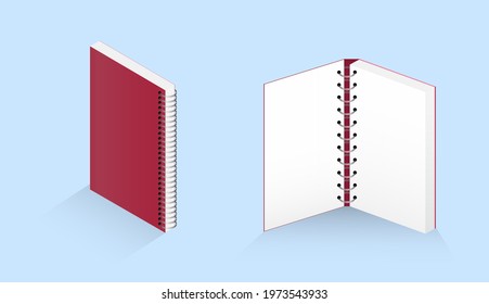 Set from a closed and open book, notebook, notebook, magazine. Vector 3D illustration of a red notebook on a blue background for your design with circular spiral binding. Silver spiral