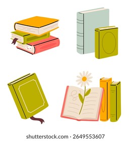 Set von geschlossenen und offenen Büchern in den Farben Grün, Gelb und Rot für Lese- und Bildungsdesigns