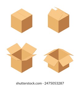 Conjunto de caja de cartón cerrada y abierta. Ilustración isométrica 3D. Cajas de cartón cerradas y abiertas. Vector aislado sobre fondo blanco.