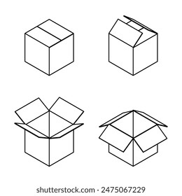 Set of closed and open cardboard box icon. Closed and open cardboard boxes. 3D isometric illustration.  Line style. Vector isolated on white background.
