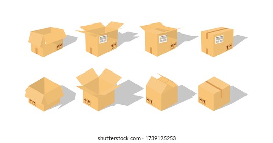 Set of closed and open cardboard boxes on white background with fragile signs.  Transportation, shipping. Cardboard box mockup. Vector illustration. 