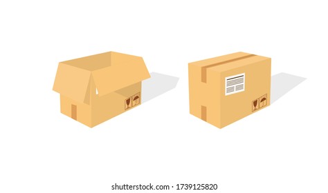 Conjunto de cajas de cartón cerradas y abiertas sobre fondo blanco con signos frágiles.  Transporte, envío. Mockup de caja de cartón. Ilustración vectorial. 