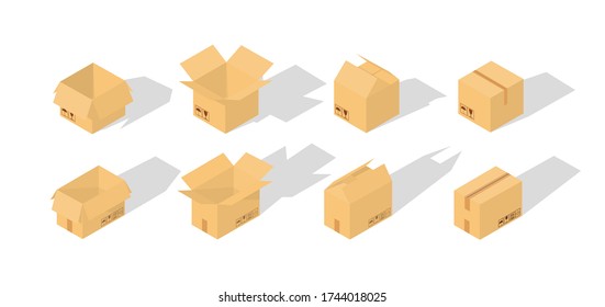Set of closed and open cardboard boxes isometric on white background with fragile signs .  Transportation, shipping. Cardboard box mockup. Vector  illustration. 