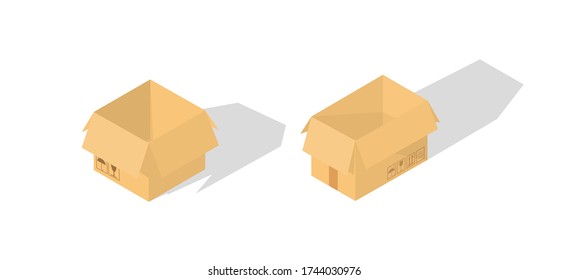 Set of closed and open cardboard boxes on white background with fragile signs.  Transportation, shipping. Cardboard box mockup. Vector illustration. 