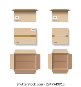 Set of closed and open cardboard boxes with tape, icons and stickers. 3D Vector mockup Isolated on white background, transparent shadows and textures. Top and front view