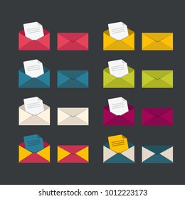Set of closed and open envelopes. Paper document enclosed in an envelope. Flat vector icons. 
