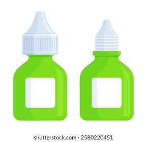 Set of closed and open green medicine dropper bottles. Health, eye drops, ear drops, and medical product mockup concept. Flat vector illustration isolated on white background with copy space