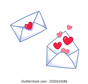 A Set Of Closed And Open Letters. Mail Envelope With A Red Stamp In The Form Of A Heart. Vector Cute Illustration With Outline. Love And Valentine's Day Symbol