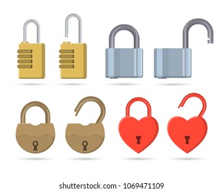 A set of the closed and open locks on the isolated white background. Elements for design. A vector illustration in flat style.