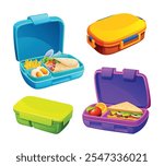 Set of closed and open lunch boxes with sandwiches, fruits, and healthy meals in compartments. Vector cartoon illustration