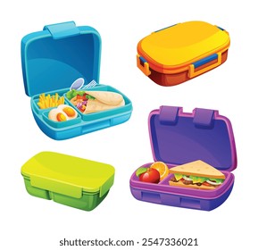 Conjunto de fiambreras cerradas y abiertas con sándwiches, frutas y comidas saludables en compartimentos. Vector ilustración de dibujos animados