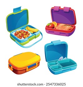 Conjunto de fiambreras cerradas y abiertas con arroz, frutas y comidas saludables en compartimentos. Vector ilustración de dibujos animados