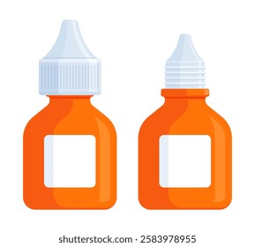 Set of closed and open orange medicine dropper bottles. Health, eye drops, ear drops, and medical product mockup concept. Flat vector illustration isolated on white background with copy space