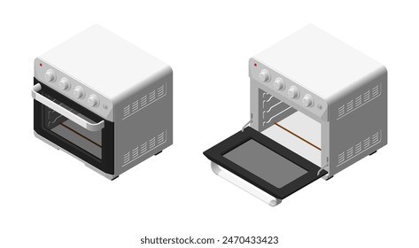 Set of closed and open oven. Microwave. Home kitchen appliances. 3D isometric illustration. Isolated vector for banner, poster, presentation, infographic, website, apps, and other uses.