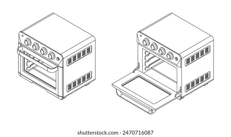 Juego de horno cerrado y abierto. Microondas. Electrodomésticos de cocina. Ilustración isométrica 3D. Estilo de línea.  Vector aislado para Anuncio, póster, presentación, infografía, Sitio web, App y otros usos.