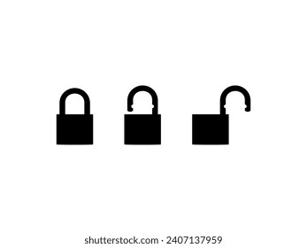 El conjunto de la silueta de bloqueo cerrado y abierto, de estilo plano, puede utilizarse para la ilustración de arte, el pictograma, el logotipo, el sitio web o el elemento de diseño gráfico. Ilustración vectorial 