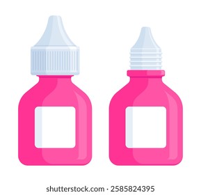 Set of closed and open pink medicine dropper bottles. Health, eye drops, ear drops, and medical product mockup concept. Flat vector illustration isolated on white background with copy space