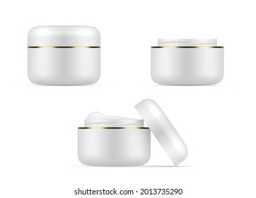 Set closed and open plastic jar cream branding template vector realistic illustration. Collection of beauty cosmetics package with cap and golden border isolated. Luxury facial treatment composition