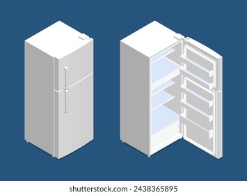 Set of closed and open refrigerator. Fridge, home appliances. 3D isometric illustration. Editable vector for presentation, infographic, website, apps, and other uses.