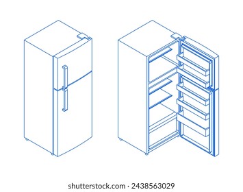 Set of closed and open refrigerator. Fridge. Home appliances. 3D isometric illustration. Line style. Editable vector for banner, poster, presentation, infographic, website, apps, maps, and other uses.