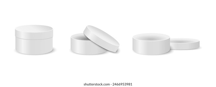 Set of closed and open round boxes. Cardboard, tin or plastic containers for gifts or hats, cosmetics or medicine, sweets or cookies. Silver cylindrical packages. Vector realistic illustration.