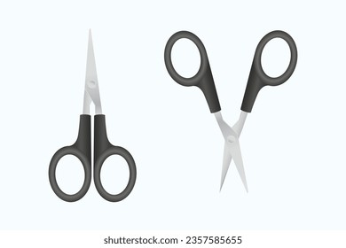 Set of closed and open scissors with black handles. Vector illustration of scissors. 